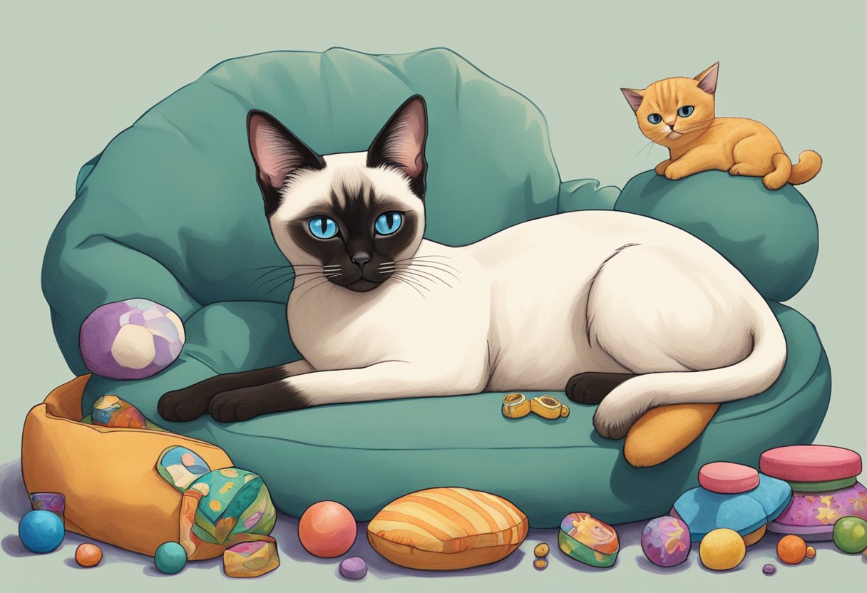 A half Siamese cat lounges on a plush cushion, one eye open and alert, the other closed in contentment. A scattered array of toys and treats surround the feline, hinting at the duality of both playfulness and pam