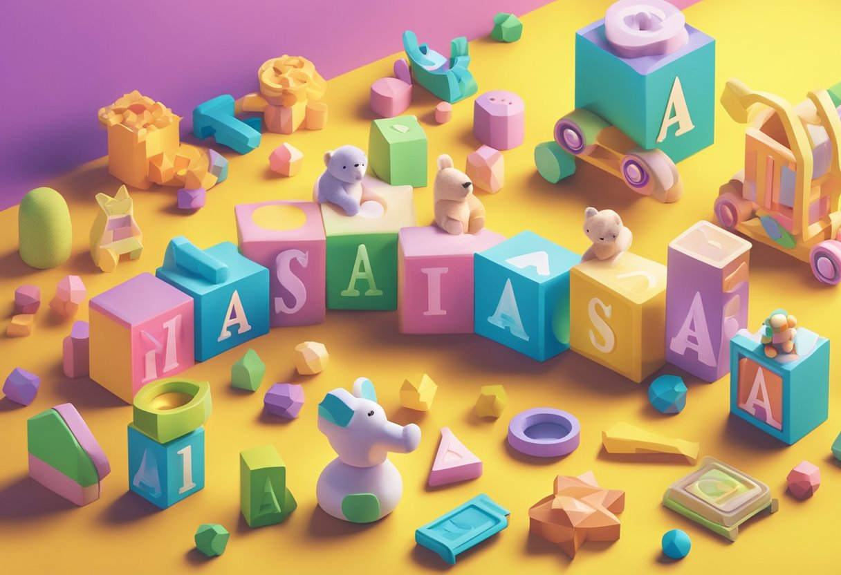 Anastasia's name written in colorful block letters surrounded by playful baby toys