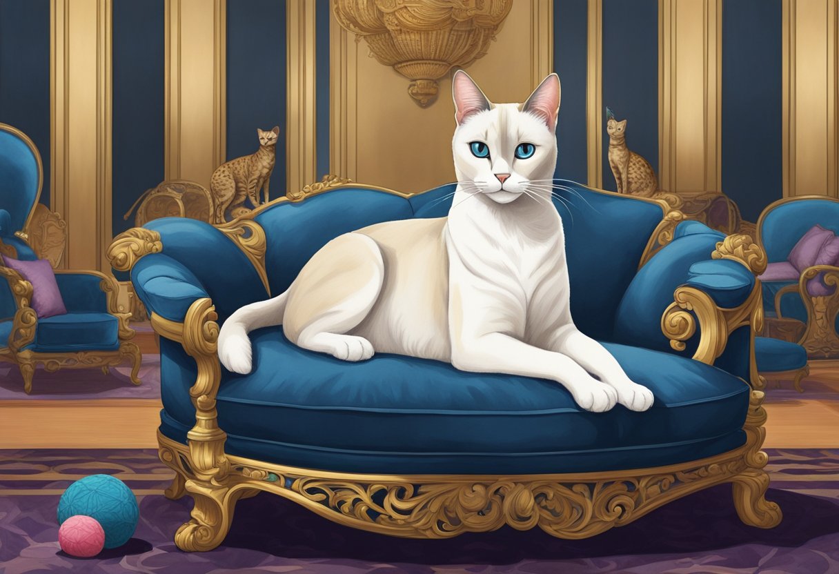 A sleek, half-Siamese cat lounges on a plush velvet cushion, surrounded by opulent decor and luxury cat toys. The room exudes an air of elegance and refinement, with the feline as the centerpiece of the scene