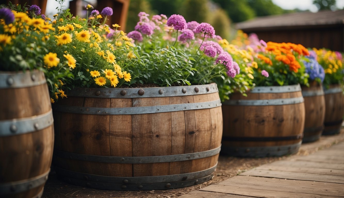 Old barrels repurposed as planters, filled with colorful flowers and placed in a rustic garden setting