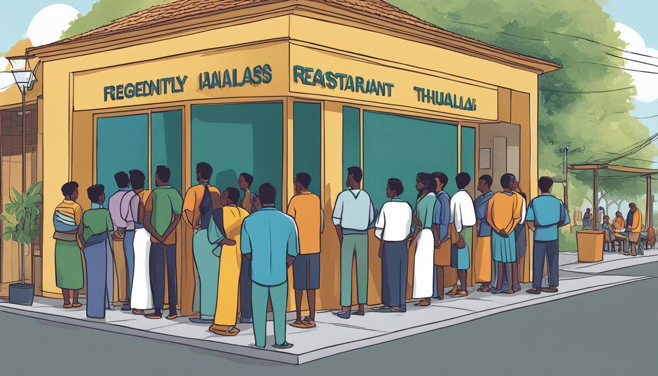 Customers lined up outside Thulasi restaurant, eagerly waiting to enter. A sign displayed "Frequently Asked Questions" in bold letters, drawing attention