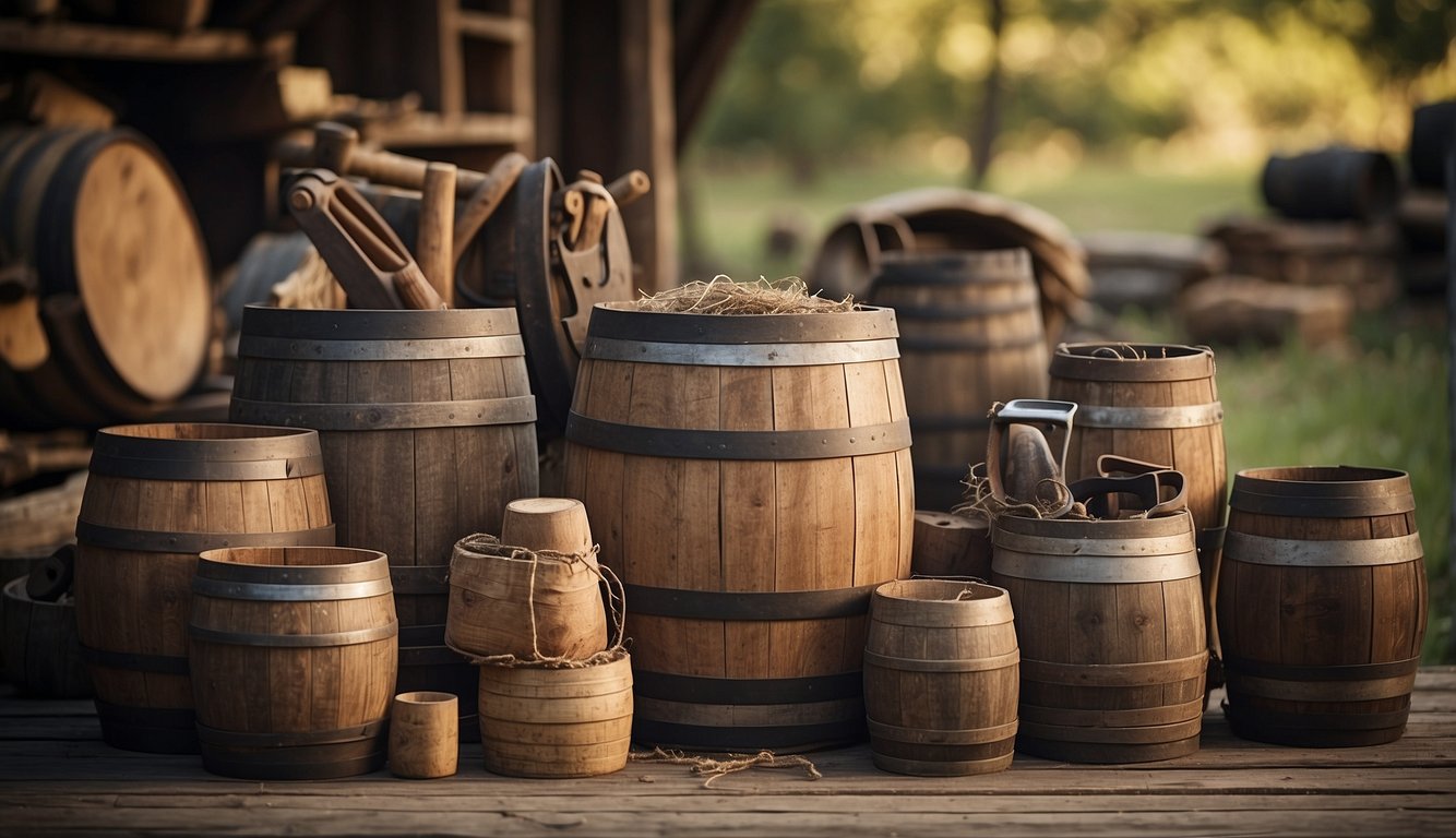 A rustic outdoor scene with a stack of weathered barrels, surrounded by tools and materials for repurposing. A sign proclaims "DIY Projects for Old Barrels" in bold letters