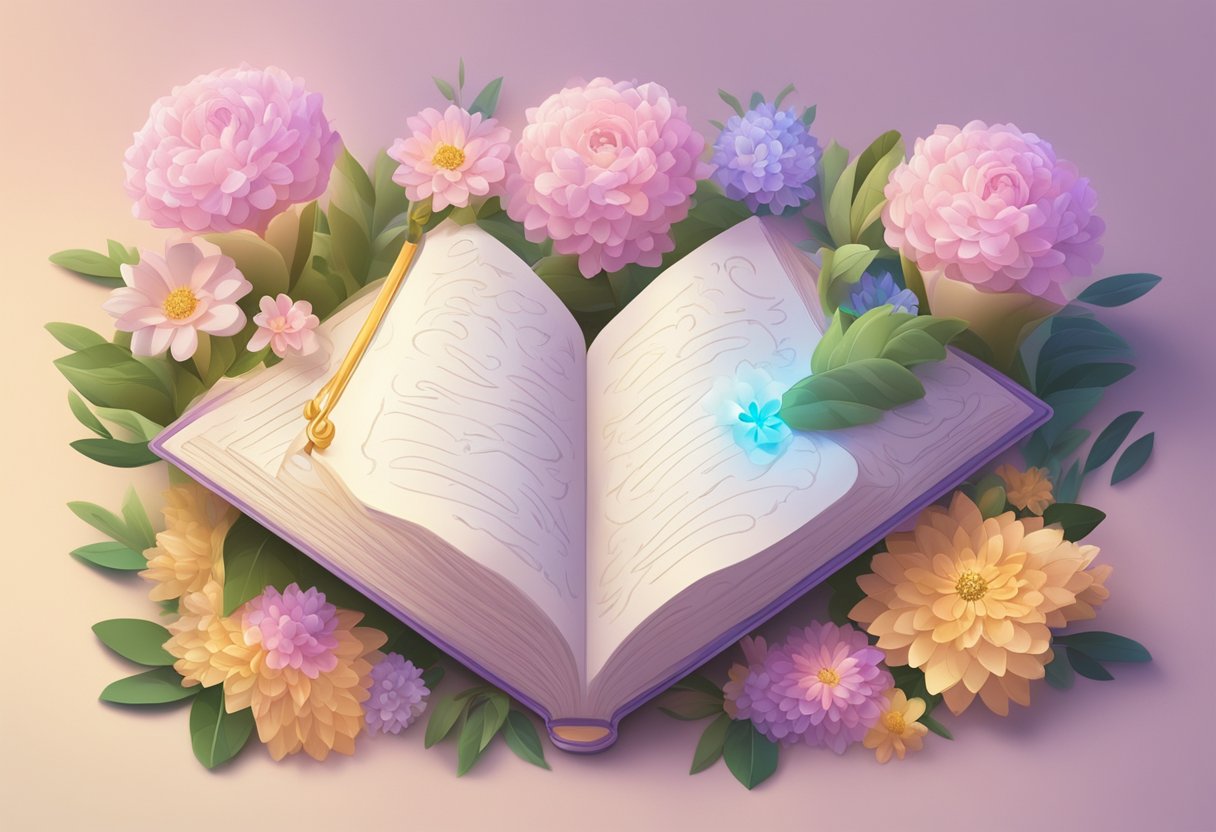 Anastasia's Perfect Name: A baby name book surrounded by flowers and soft lighting, with a radiant glow highlighting the name "Anastasia."