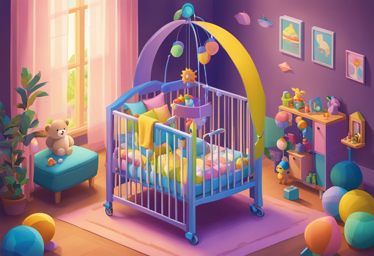 Anya's crib surrounded by colorful toys and a mobile gently swaying above