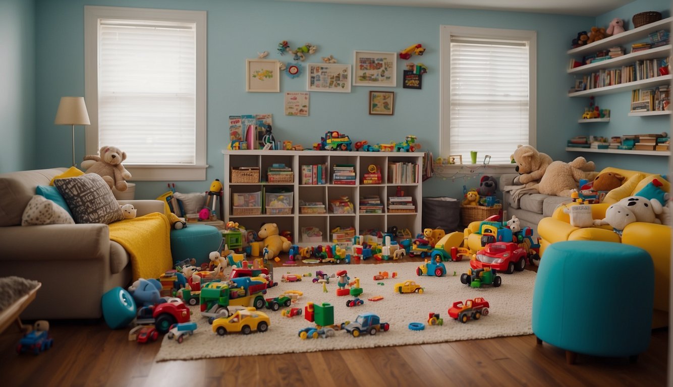 Family room: toys scattered, books piled, clothes strewn. Parents organizing, kids resist. Chaos vs order