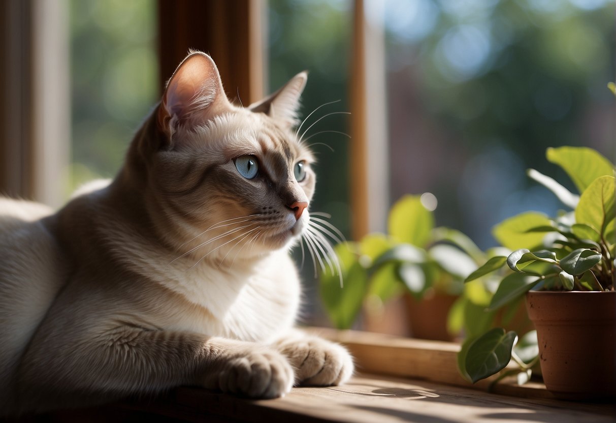 A Lilac Point Siamese Cat lounging on a sunlit window sill, gazing out at a garden with a serene expression