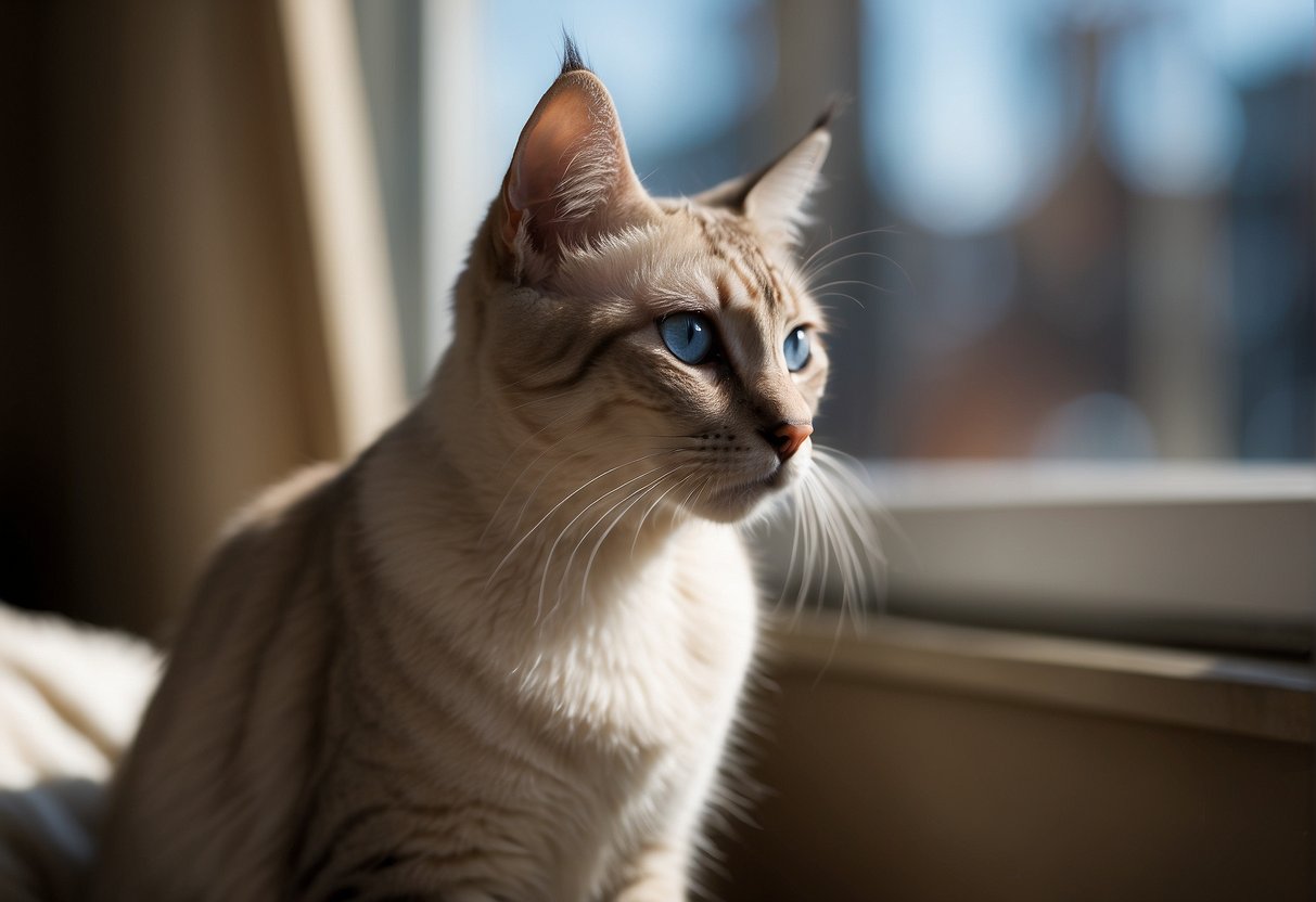 A Lynx Point Siamese kitten sits on a sunlit windowsill, with blue eyes and a cream-colored coat marked by dark stripes and points