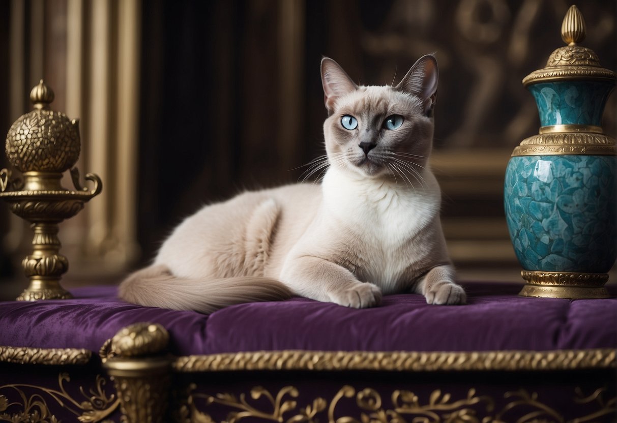 A Lilac Point Siamese cat lounges in a royal palace, surrounded by ancient artifacts and regal decor, symbolizing its prestigious origins and rich history