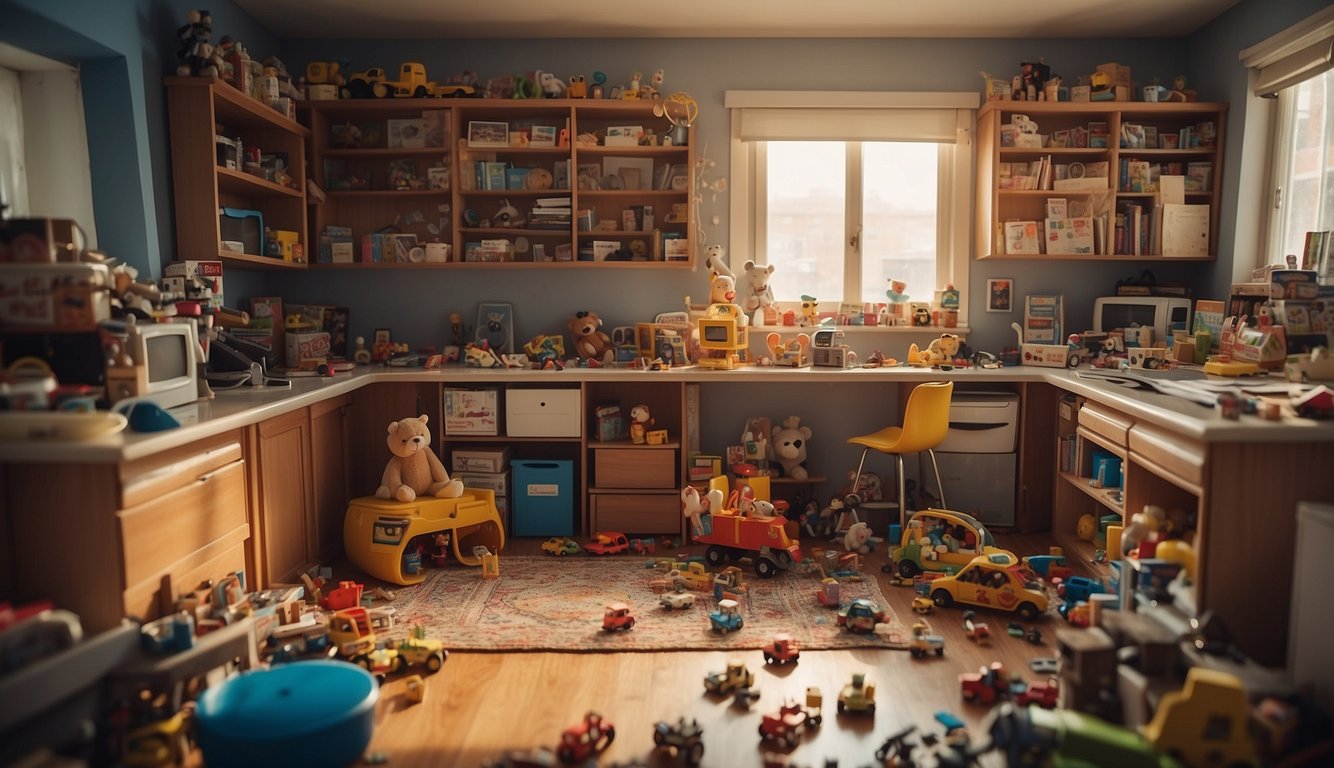 A cluttered living room with scattered toys and books, a messy kitchen with overflowing cabinets, and a disorganized play area with scattered games and puzzles