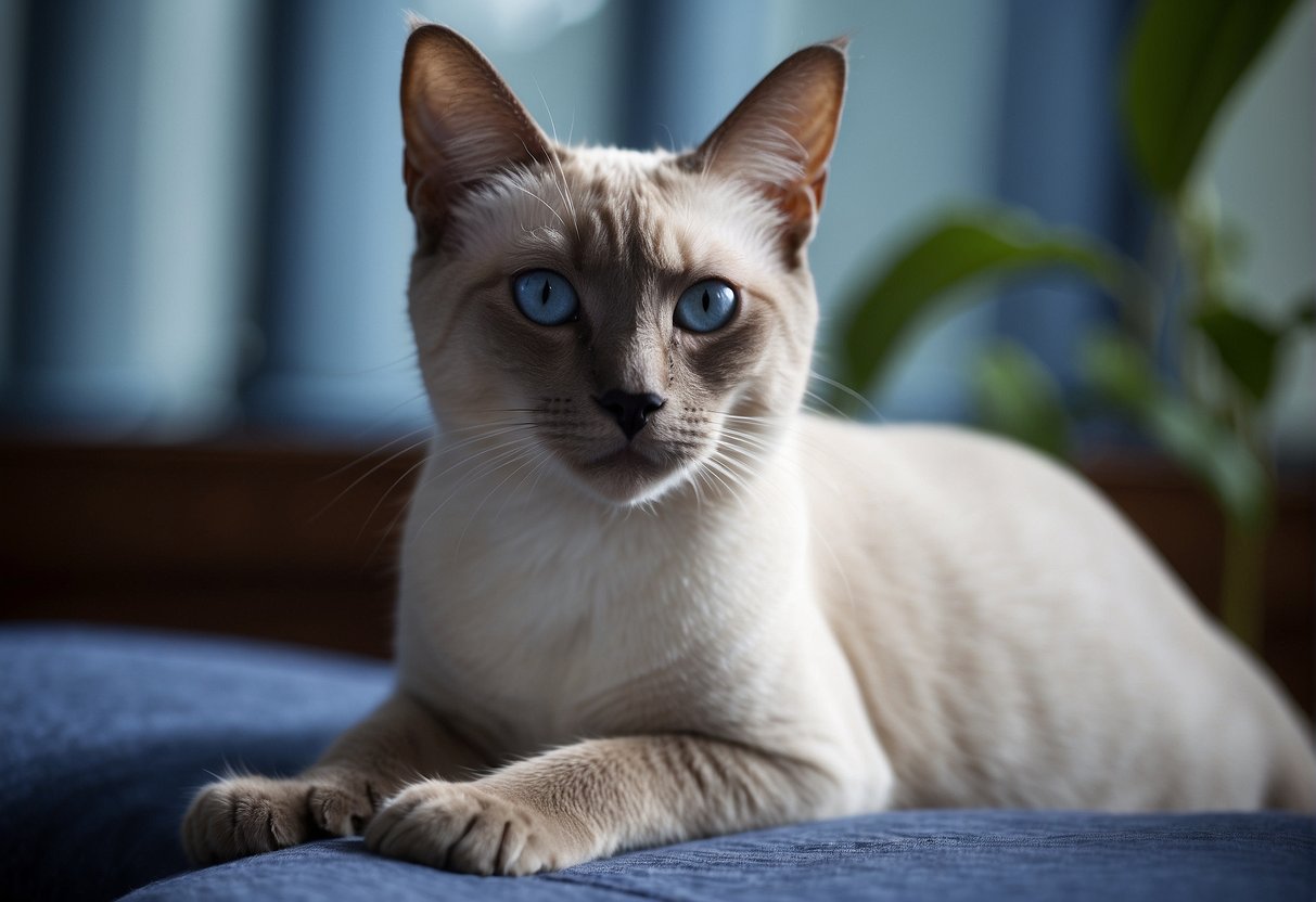 A regal Lilac Point Siamese cat sits gracefully with striking blue eyes and a sleek, slender body, showcasing its elegant and refined breed characteristics