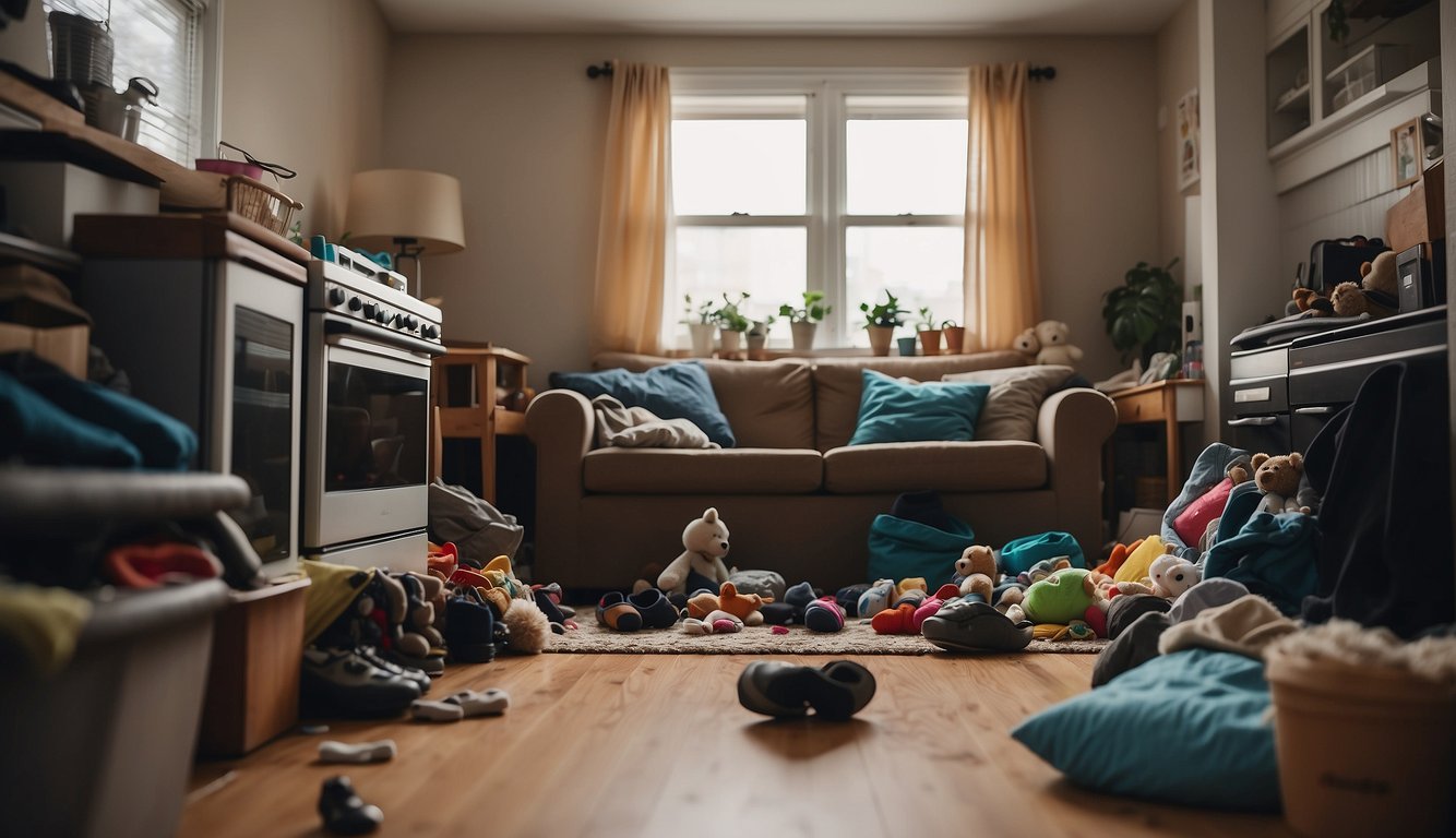 A cluttered living room with scattered toys and clothes, a messy kitchen with dirty dishes piled up, and a disorganized entryway with shoes and bags strewn about