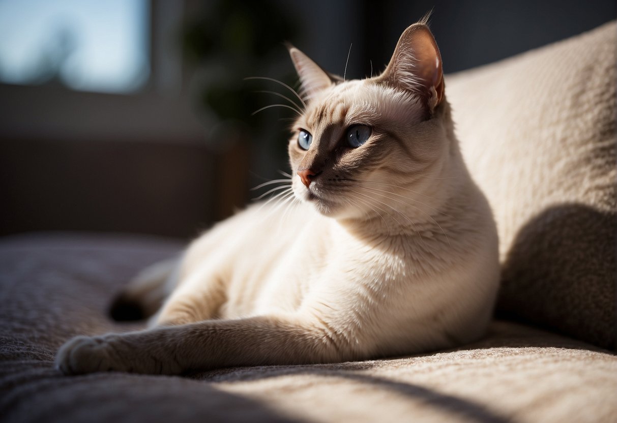 A lilac point Siamese cat lounges on a soft cushion, its sleek fur glistening in the sunlight. It gazes serenely at the viewer, radiating an aura of health and care