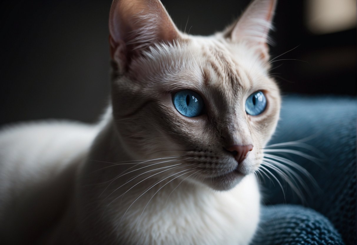 A Lilac Point Siamese cat sits regally, tail wrapped around its paws, gazing intently with piercing blue eyes. Elegantly poised, with sleek fur and pointed ears, exuding an air of intelligence and grace