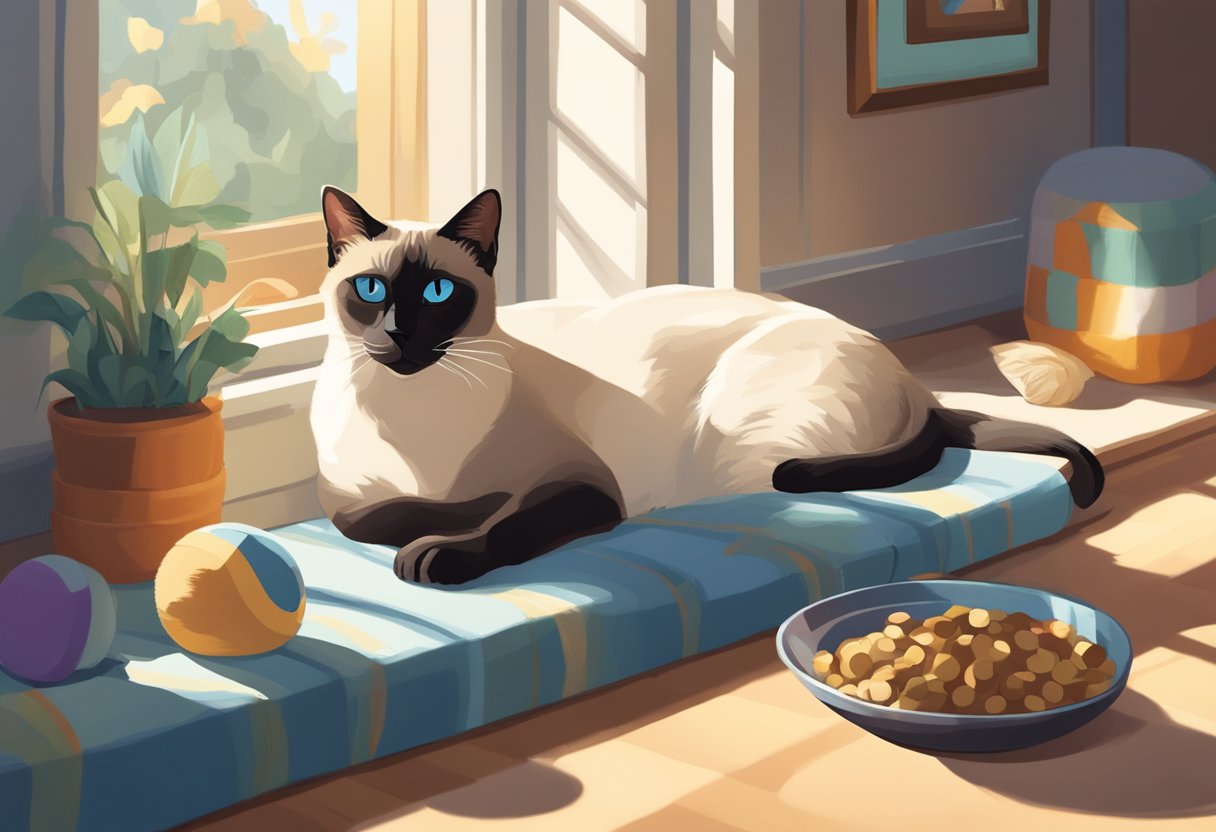 A Siamese cat lounges on a plush cushion, bathed in sunlight streaming through a window. A bowl of fresh water and a plate of premium cat food sit nearby, along with a scratching post and a variety of toys