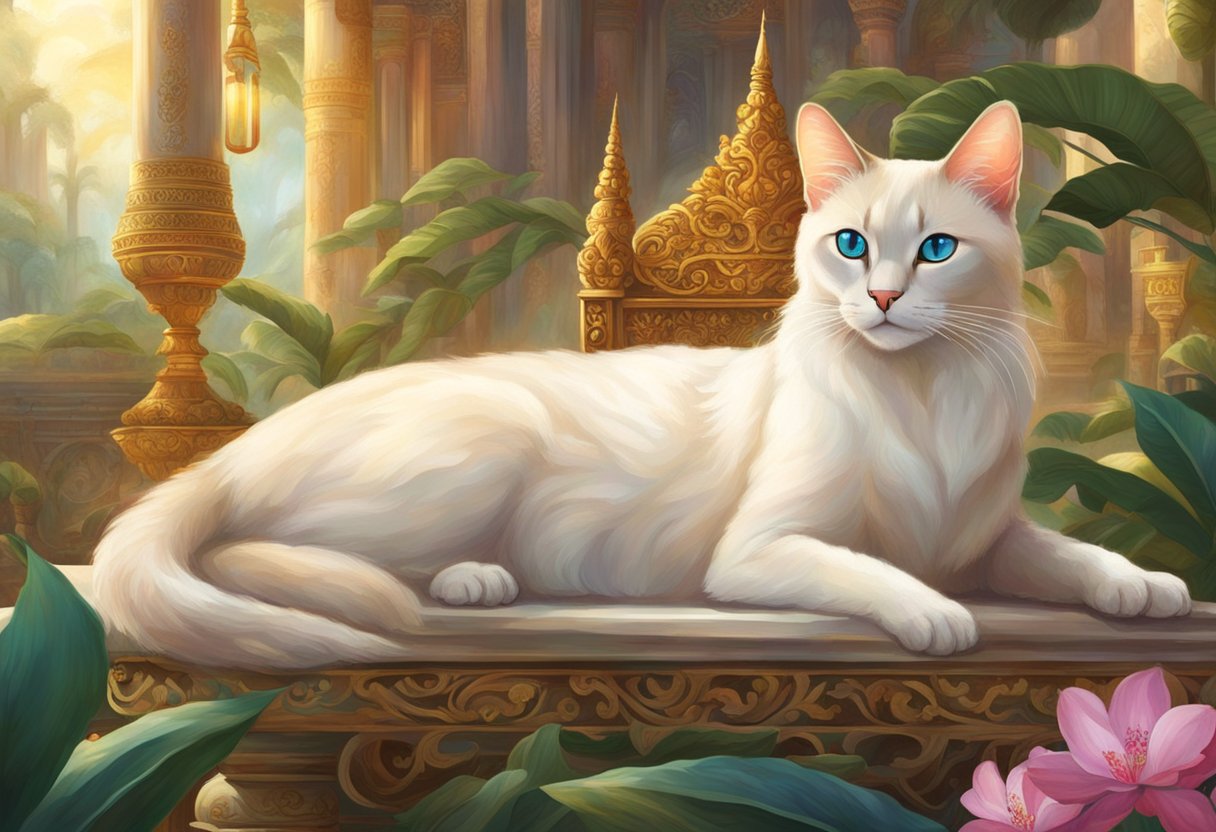 A light-colored Siamese cat lounges in a royal Thai palace, surrounded by ornate decor and exotic plants