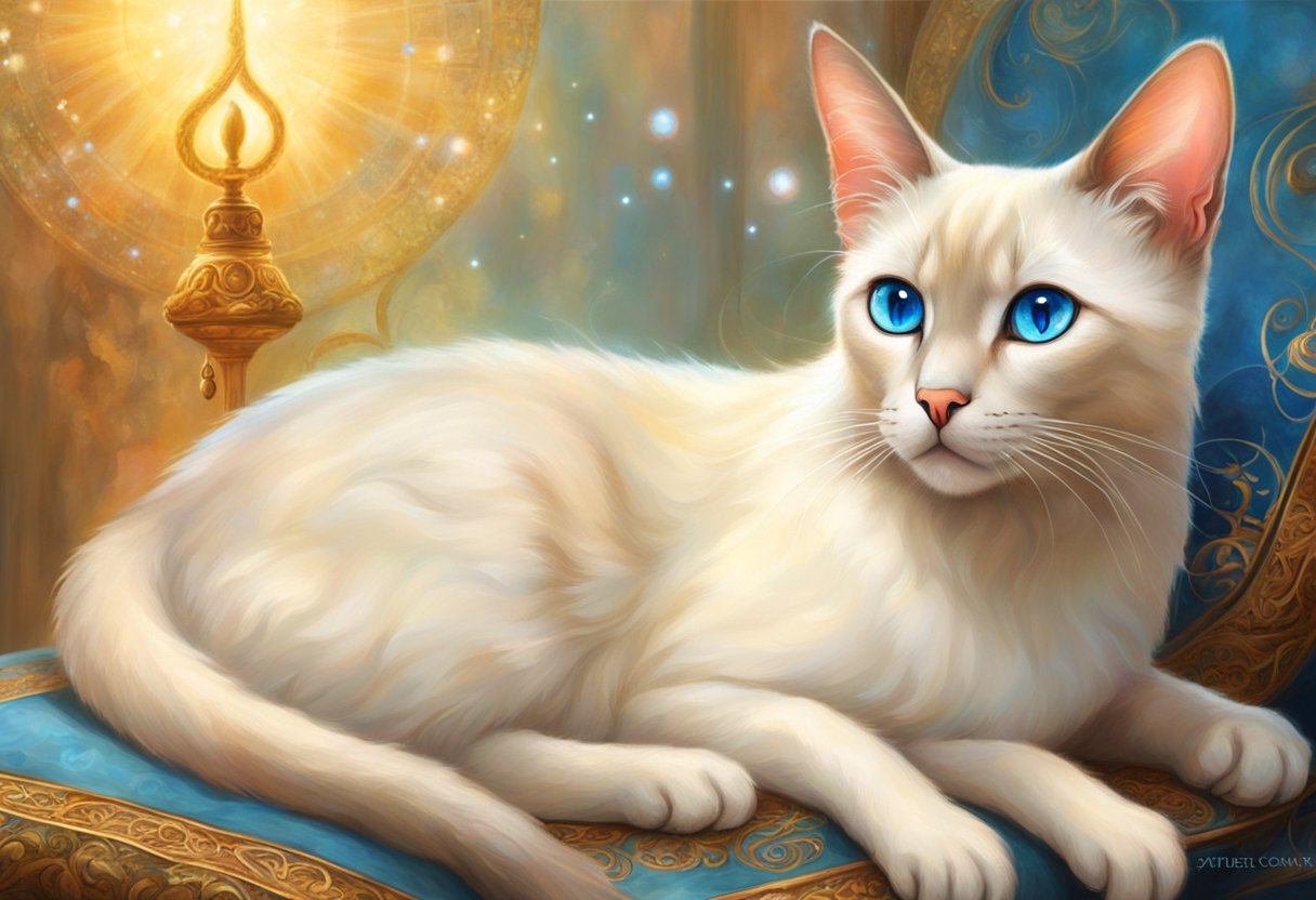 A light-colored Siamese cat with color points sits gracefully on a cushion, its piercing blue eyes gazing off into the distance