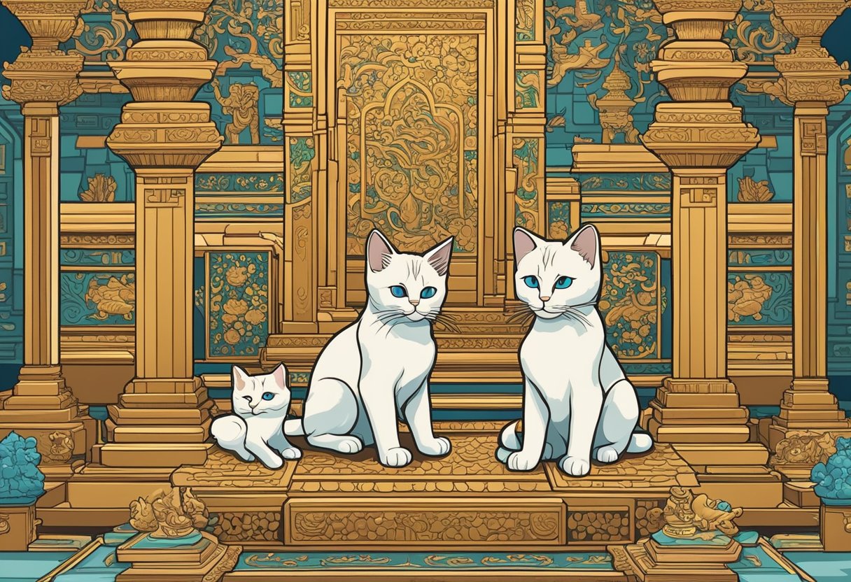 A fluffy Siamese kitten playing with its siblings in a traditional Thai temple, surrounded by ornate decor and statues