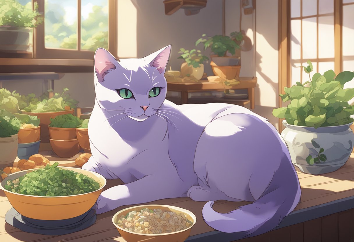 A lavender Siamese cat lounges in a sunlit room, surrounded by bowls of nutritious food and fresh water. The cat's coat gleams with health and vitality