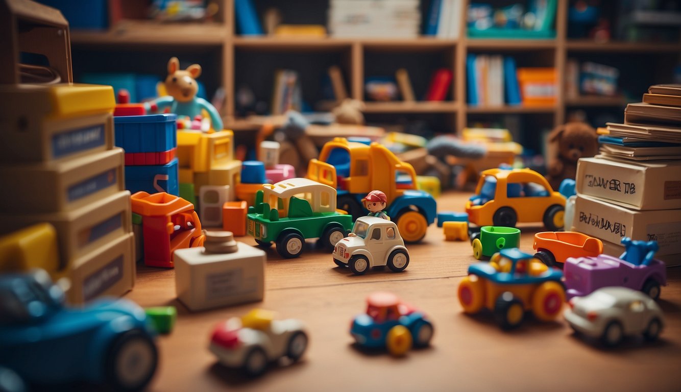 Toys and books strewn about, a cluttered play area. A parent tidying up with labeled bins and shelves