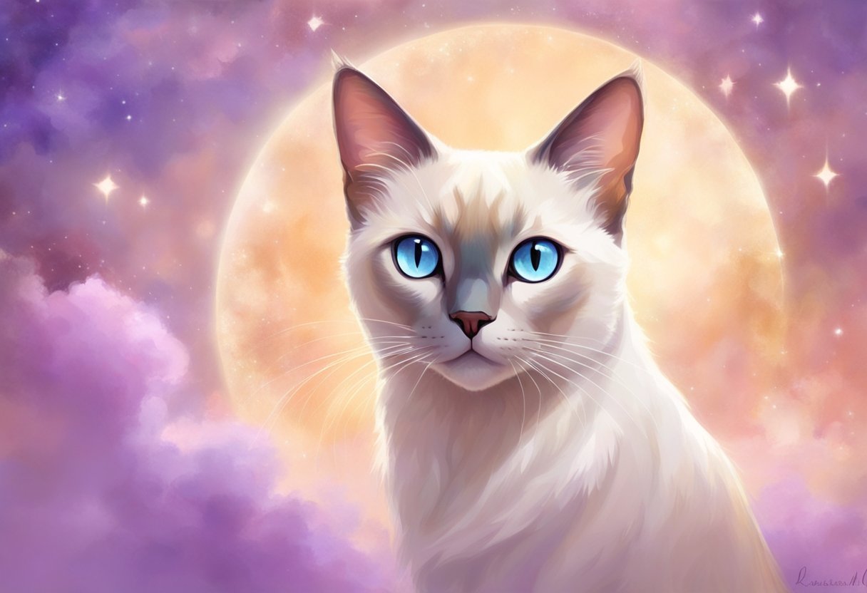 A light-colored Siamese cat with distinct points of cream, tan, or lilac, and a pale body