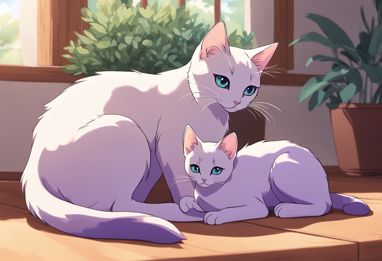 A Lavender Siamese cat is breeding with her kittens in a cozy, sunlit room. The kittens playfully tumble around their mother, their soft fur contrasting against her sleek coat