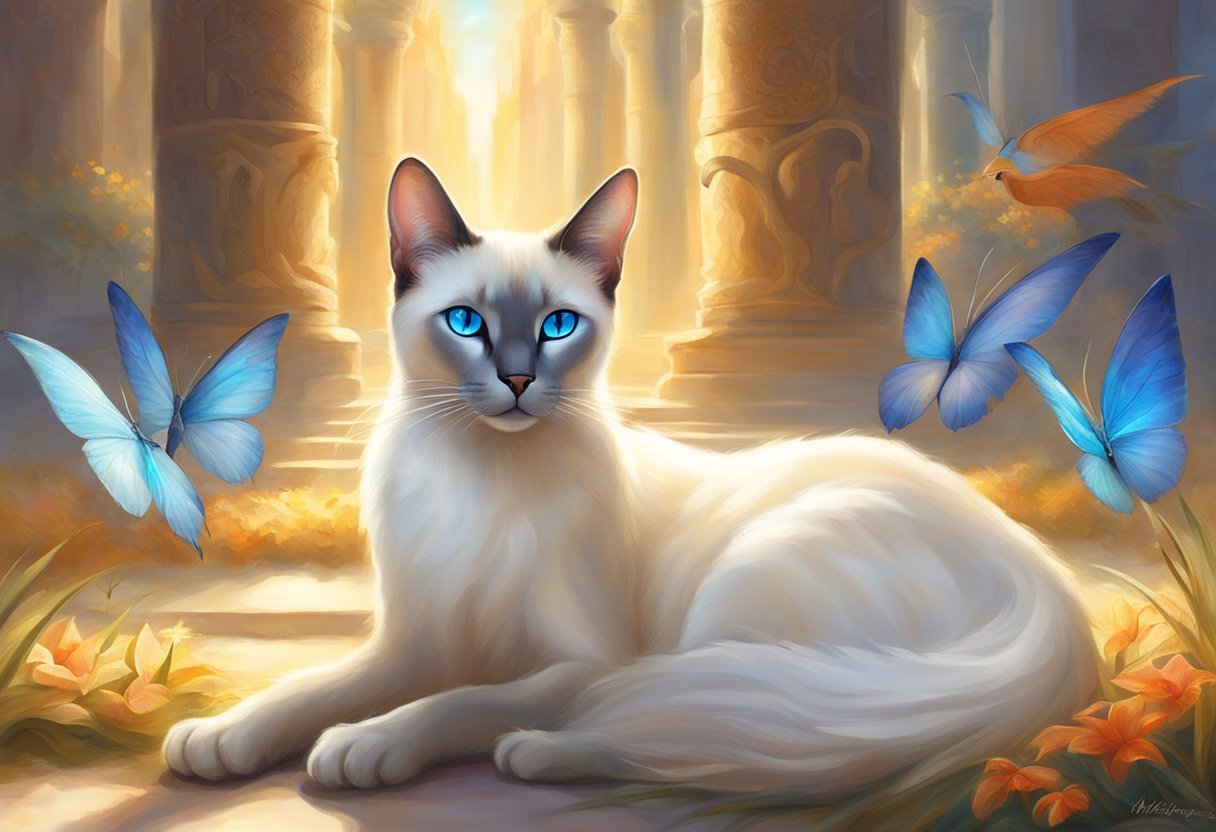 A sleek Siamese cat with piercing blue eyes sits gracefully, its light-colored fur glistening in the soft sunlight