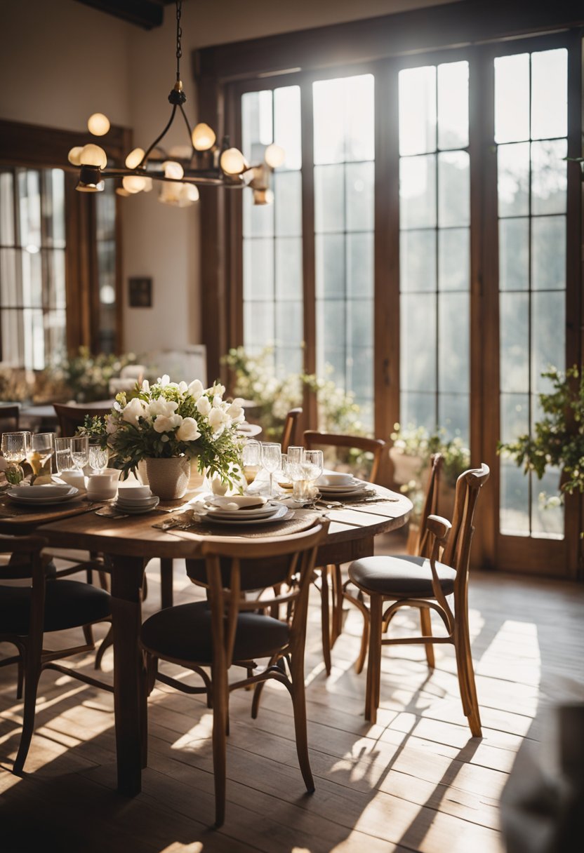 Magnolia Table: Unique Dining Experience in Waco. A cozy, rustic dining room with wooden tables and chairs, adorned with fresh magnolia flowers. Sunlight streams through large windows, casting a warm glow on the space