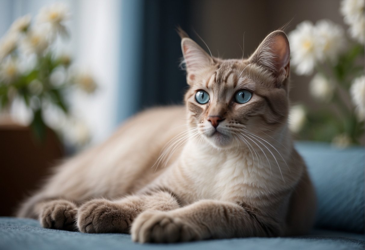A Lynx Point Siamese kitten sits gracefully on a velvet cushion, its piercing blue eyes gazing into the distance, surrounded by delicate flowers and soft sunlight filtering through a window
