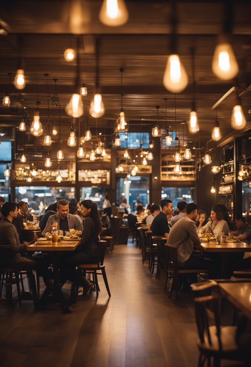 The bustling restaurant buzzes with energy as patrons enjoy their meals under the warm glow of hanging lights, surrounded by rustic decor and the aroma of sizzling dishes