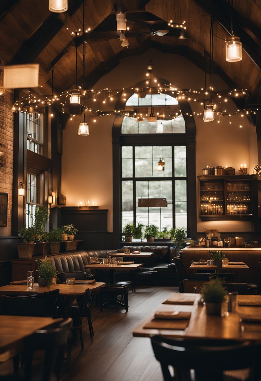 The cozy interior of Union Hall, with warm lighting and eclectic decor, creates a welcoming and unique dining experience in Waco