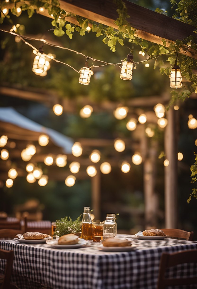 The warm glow of hanging string lights illuminates the rustic wooden tables adorned with checkered tablecloths. A vine-covered pergola creates a cozy outdoor dining area, while the aroma of freshly baked bread and simmering marinara sauce fills the air