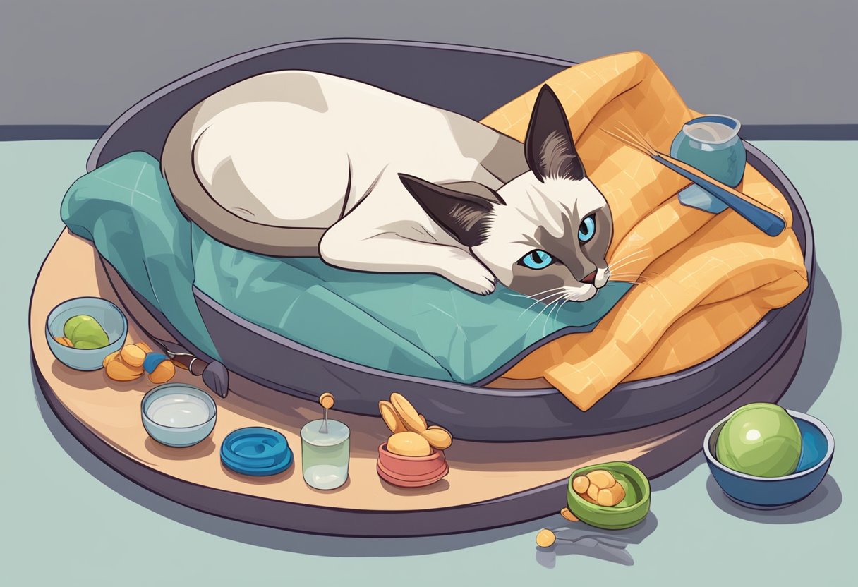 A Siamese cat lounges on a cozy bed, surrounded by toys and a scratching post. A bowl of fresh water and a plate of nutritious food sit nearby