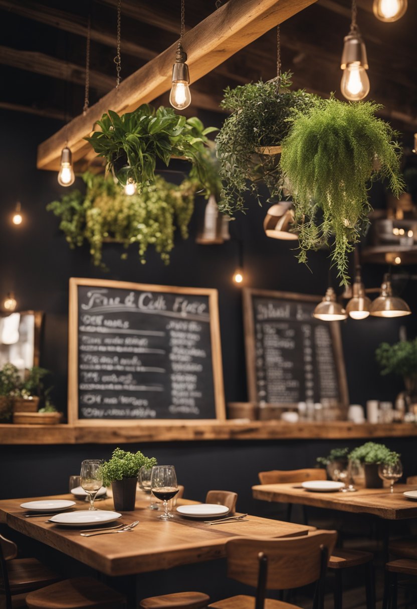 A cozy cafe with rustic wooden tables, hanging plants, and warm lighting. A chalkboard menu displays farm-fresh dishes