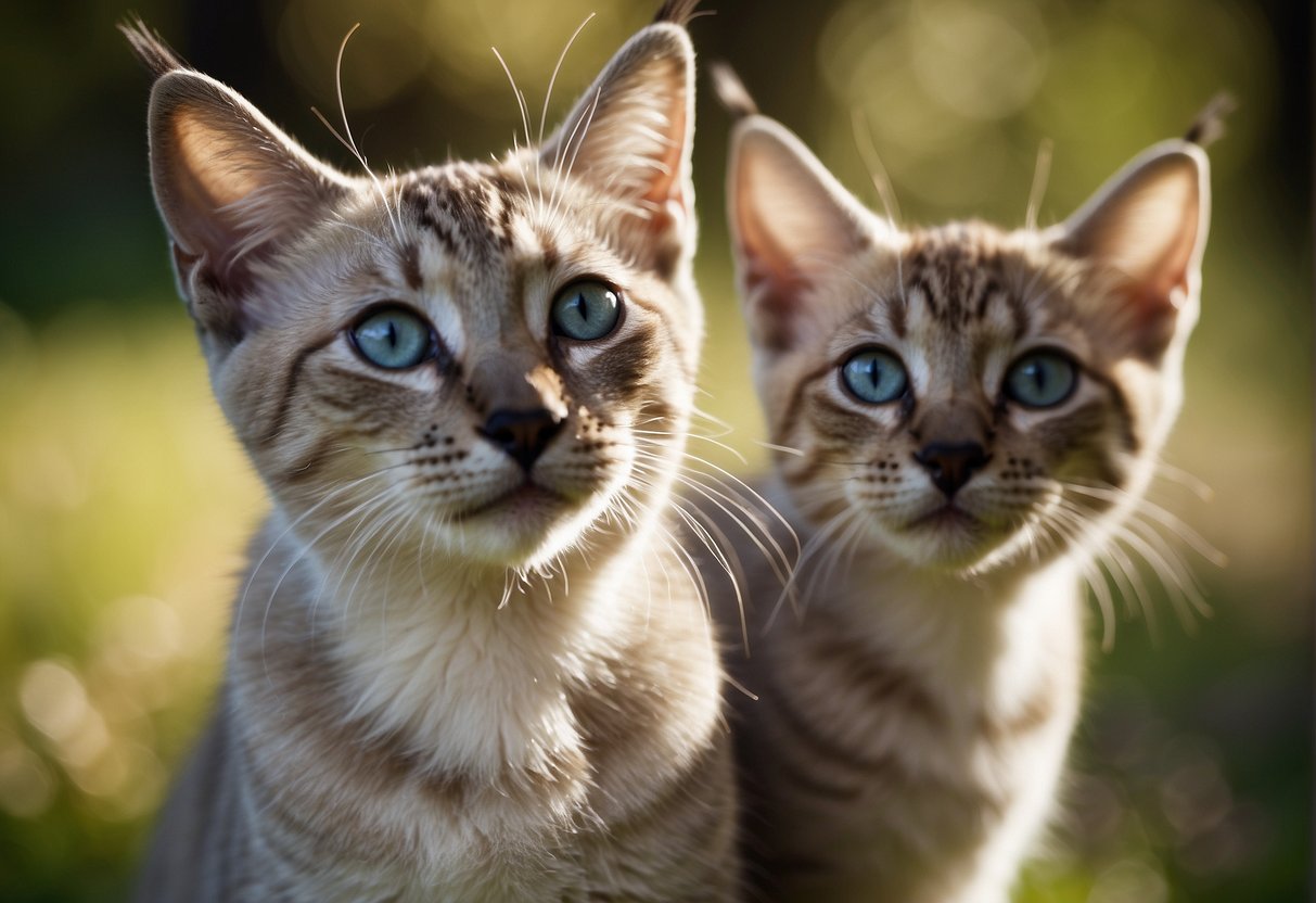A group of lynx point Siamese kittens gather in a sunny clearing, recognizing each other through playful interactions and grooming