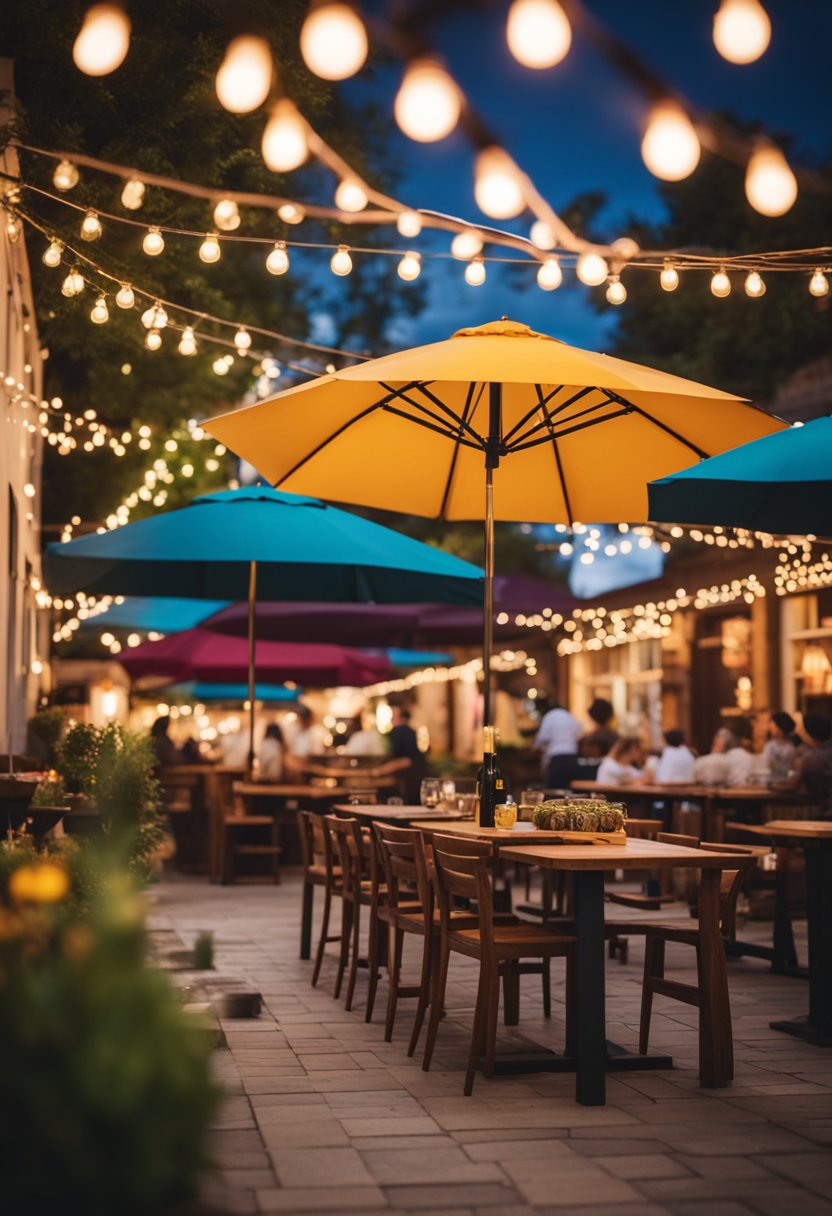 Colorful outdoor patio with string lights and vibrant umbrellas. Rustic wooden tables and chairs. A lively atmosphere with people enjoying gourmet burgers and craft beers