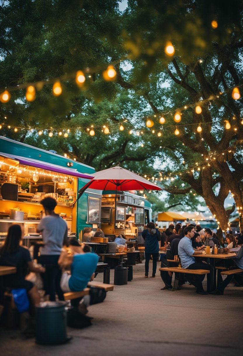 Colorful food trucks line a bustling park, with picnic tables and fairy lights creating a lively atmosphere. The aroma of diverse cuisines fills the air, as patrons enjoy a unique dining experience at Route 77 Food Park in Waco