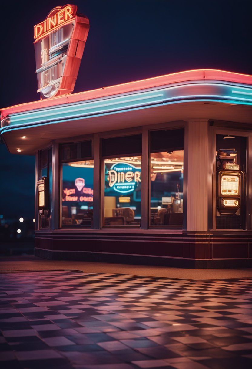 The diner's neon sign glows against the dusk sky. Retro decor and checkered floors create a cozy atmosphere. A jukebox plays oldies in the corner