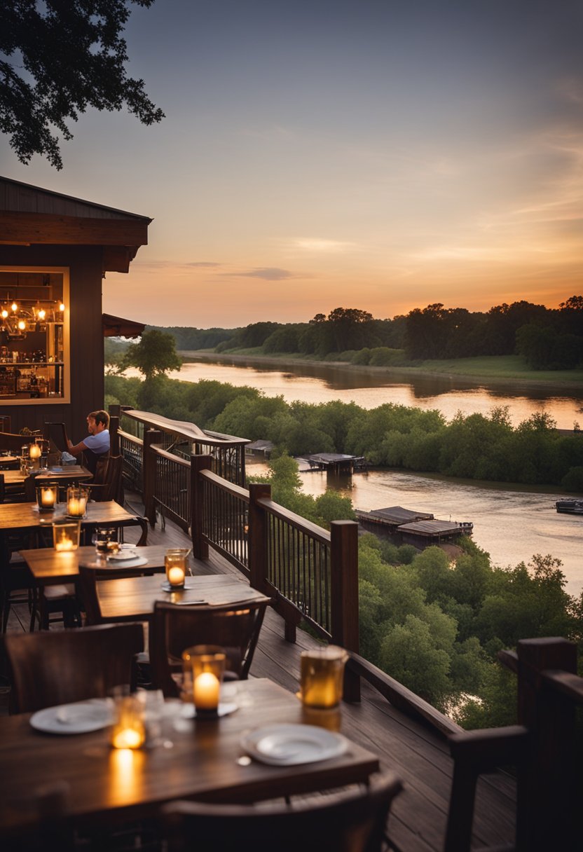 A cozy restaurant with rustic decor overlooks the Brazos River at sunset, with diners enjoying a unique dining experience