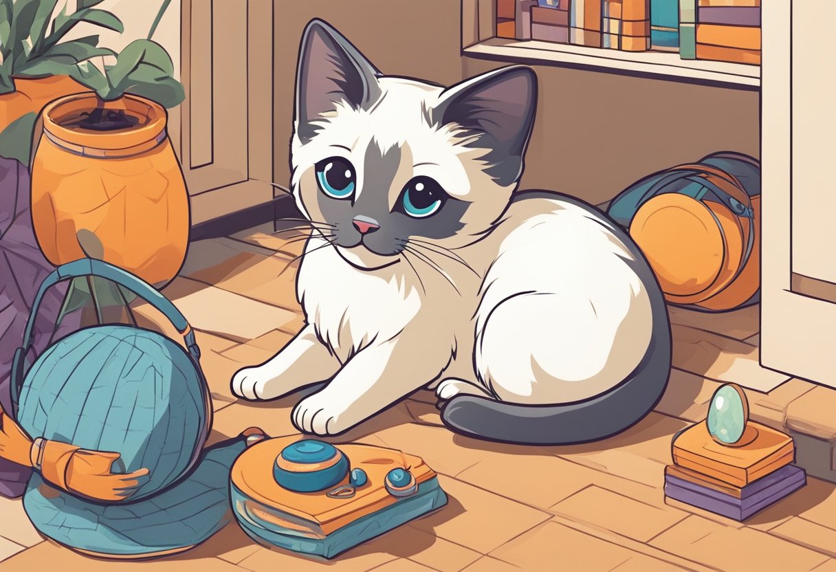 A Siamese kitten plays with a fluffy toy in a cozy home setting
