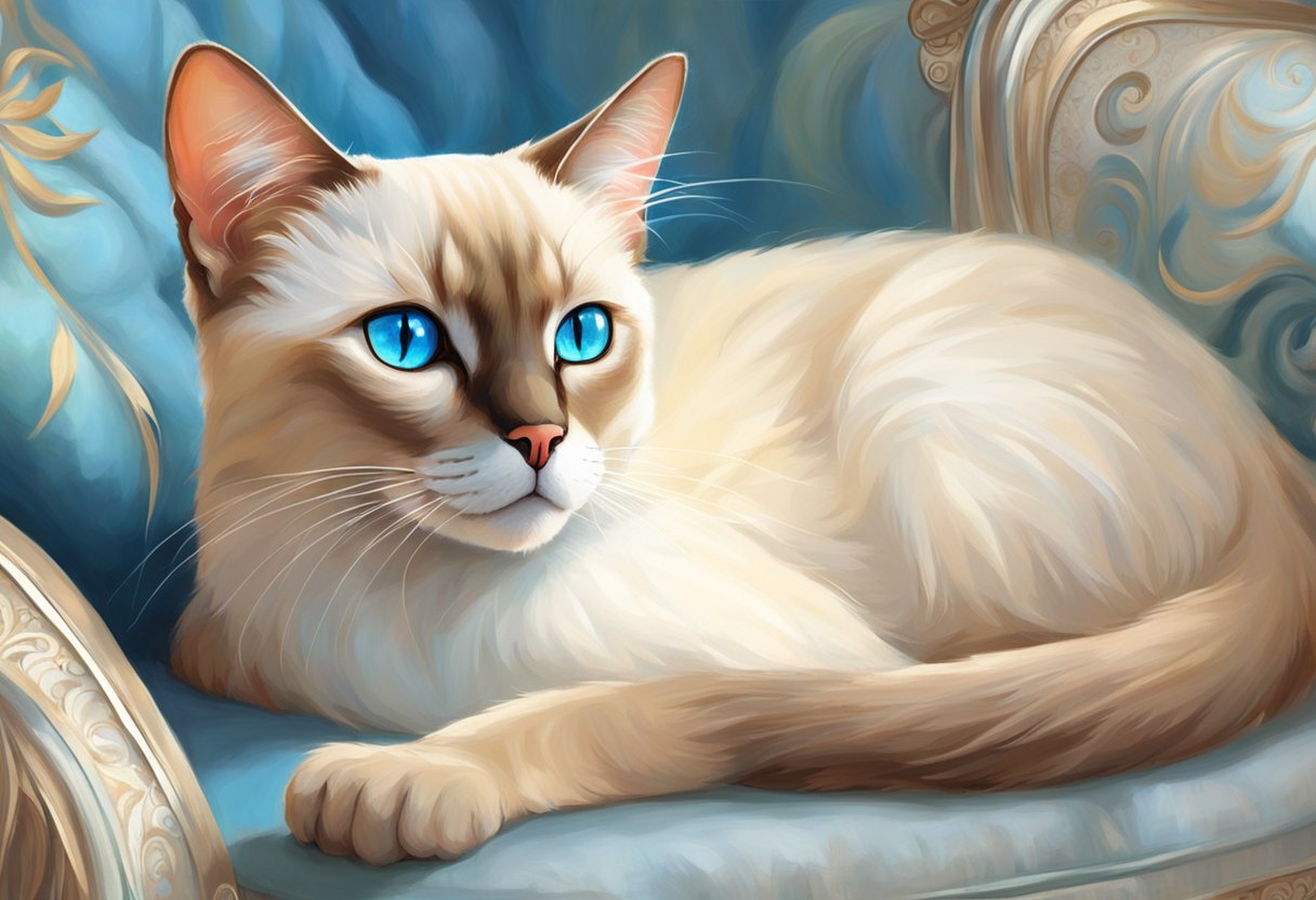 A light-colored Siamese cat lounges gracefully on a plush cushion, its piercing blue eyes observing the world with a mix of curiosity and regal poise