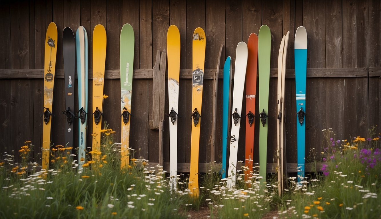 Old skis leaned against a rustic wooden shed, repurposed as a unique garden fence. Wildflowers grow between the skis, adding a pop of color to the scene