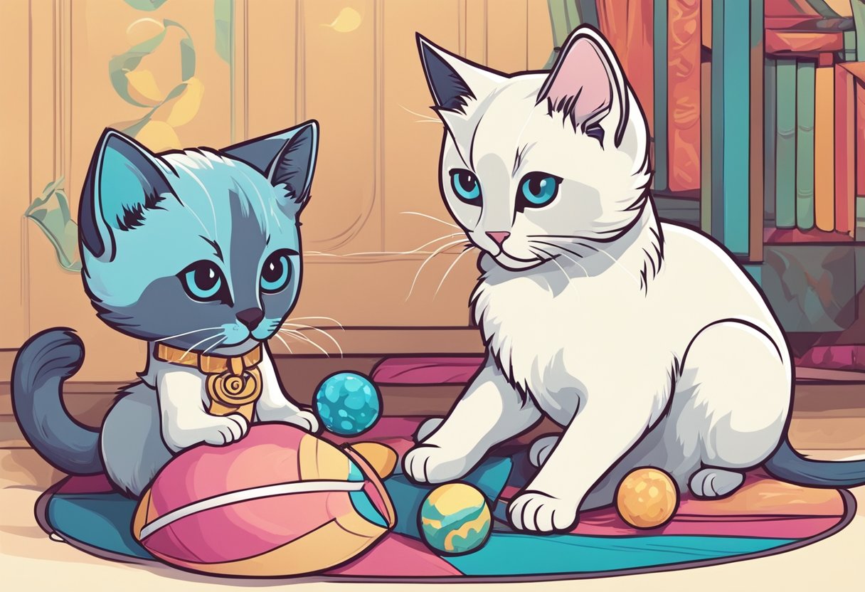 A fluffy Siamese kitten plays with a toy, while an adult Siamese cat watches nearby