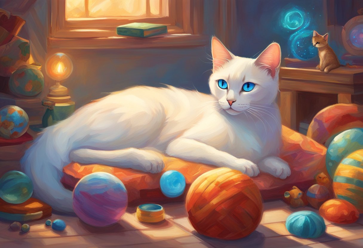 A light-colored Siamese cat lounges in a sunlit room, surrounded by toys and a cozy bed. Its bright blue eyes gaze contentedly at the viewer