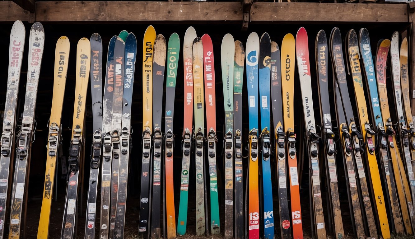 Old skis arranged in three piles: one for selling, one for donating, and one for recycling. Each pile is labeled with a sign indicating its purpose