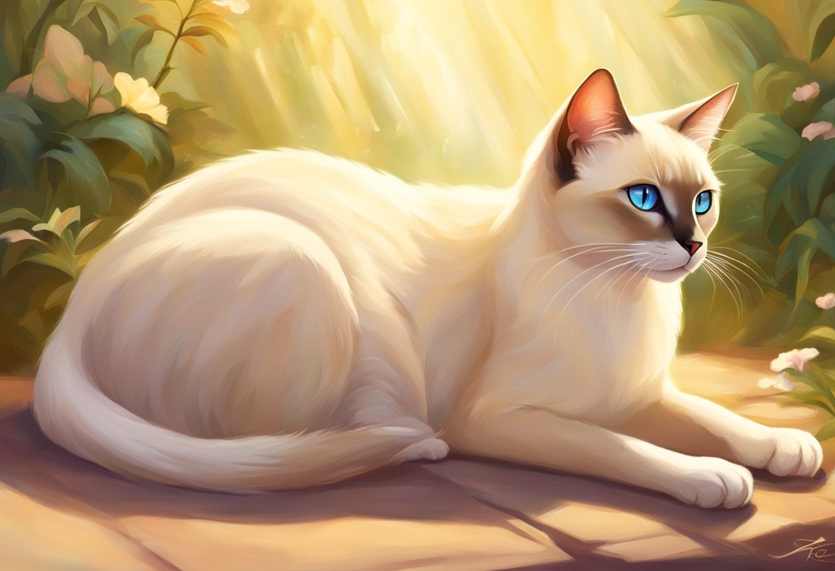 A light-colored Siamese cat lounges in a sunny spot, grooming its sleek fur with a content expression
