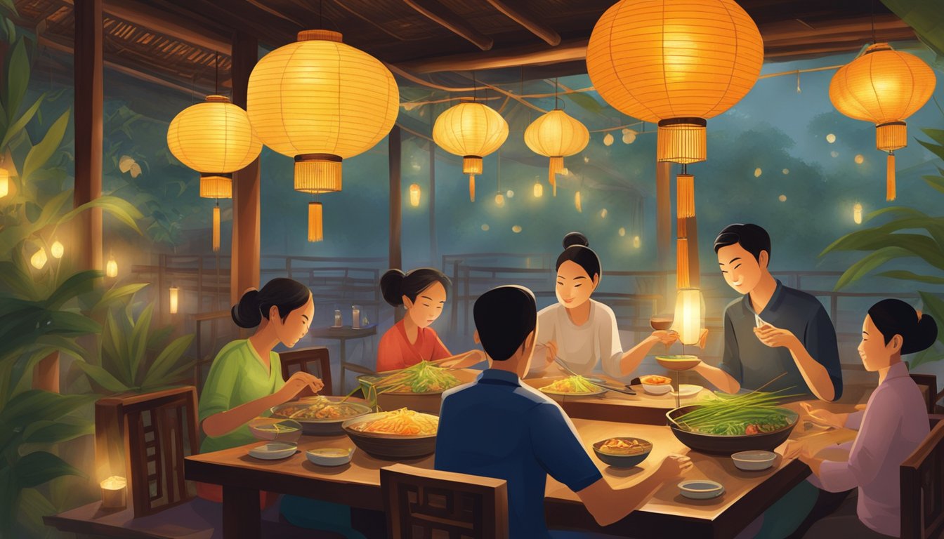 Customers enjoying traditional Vietnamese dishes in a cozy, dimly lit restaurant adorned with bamboo and silk lanterns. A waiter serves steaming bowls of pho as the aroma of lemongrass and spices fills the air