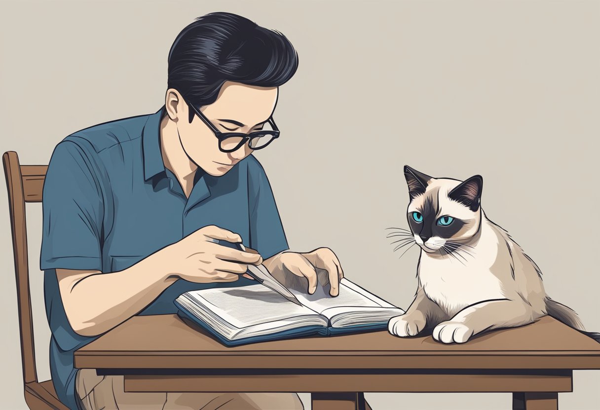 A Siamese cat sitting attentively as it is being groomed and fed by its owner. An open book on cat care lies nearby