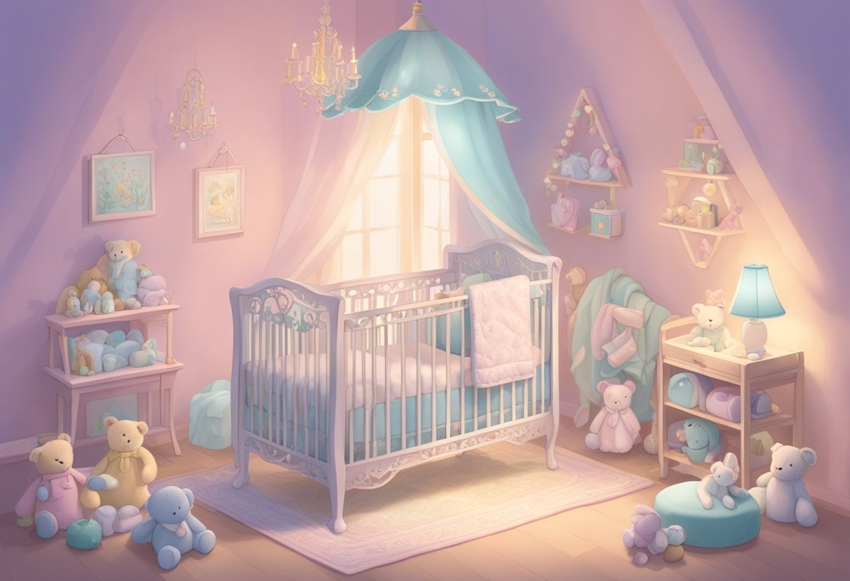 A crib adorned with the name "Arabella" in delicate script, surrounded by soft, pastel-colored toys and blankets