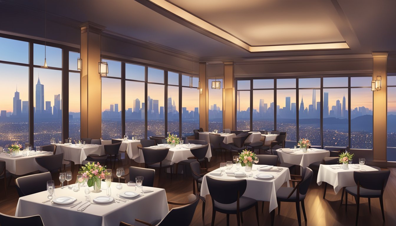 A bustling restaurant with elegant table settings, soft ambient lighting, and a panoramic view of the city skyline from the windows