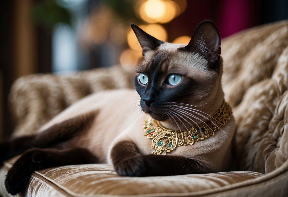 A regal Oriental Siamese cat lounges on a velvet cushion, surrounded by ornate decor and symbols of its noble lineage